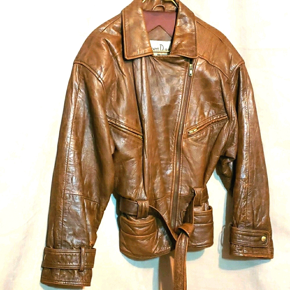 ALBERT  DUKE HEAVY VINTAGE BROWN LEATHER JACKET SZ S